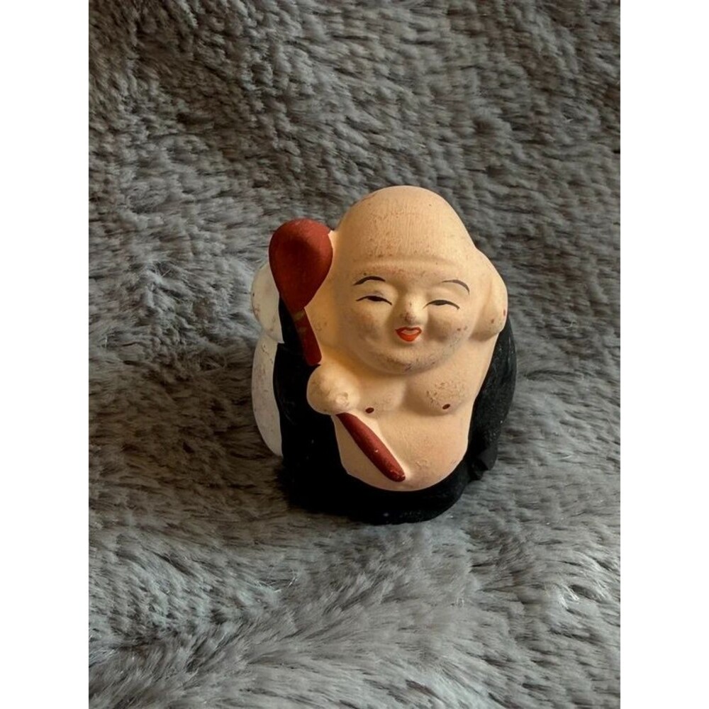 Vtg Japanese Clay Hotei Figurine Laughing Buddha one of Seven Lucky Gods Doll
